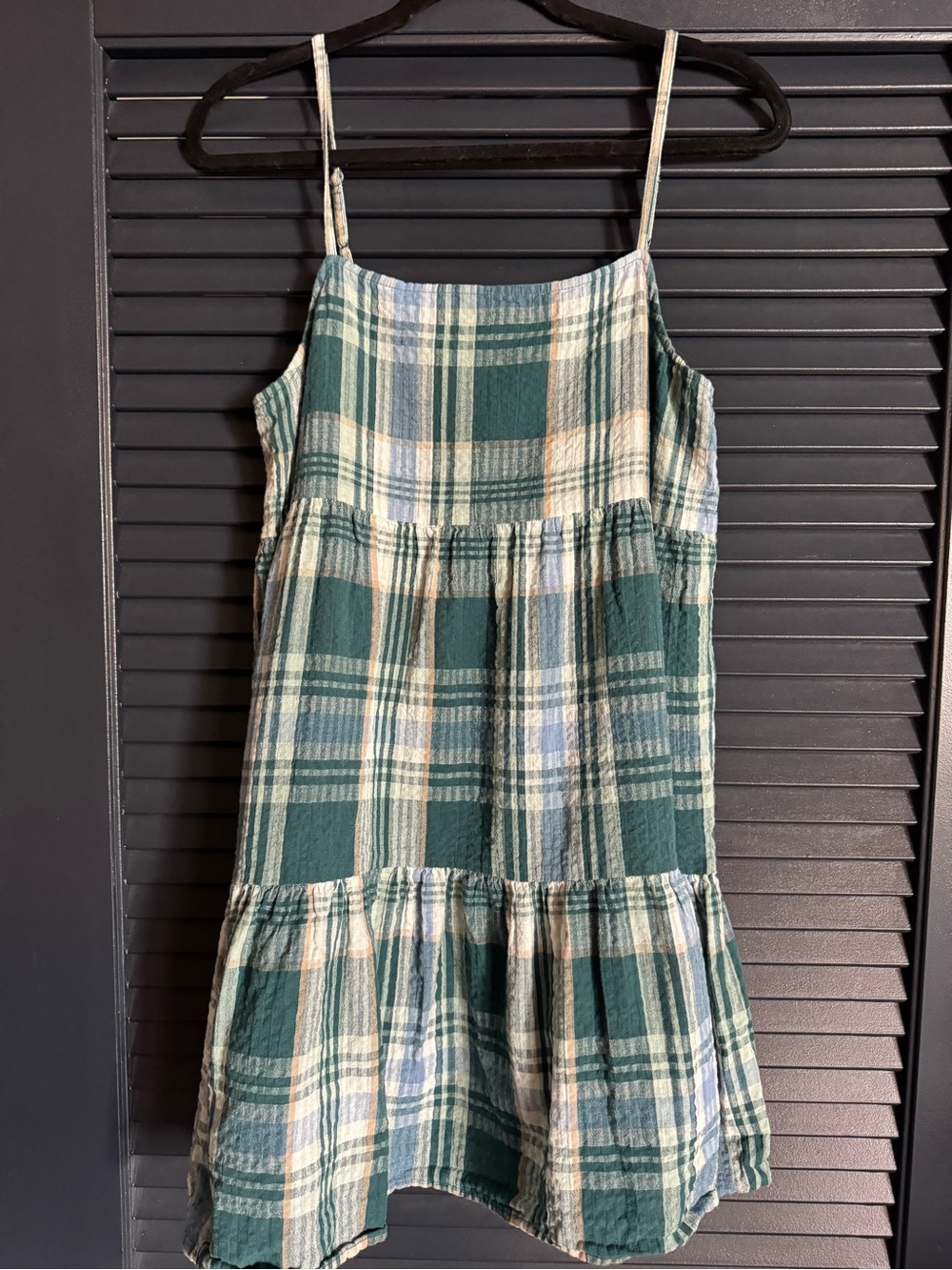 American Eagle Green Plaid Cotton Linen Midi Dress M